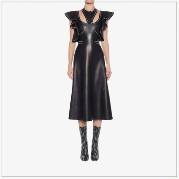 $8990 Alexander McQueen Studded Trim Lamb Leather Ruffle Runway Midi Dress - Picture 11 of 11